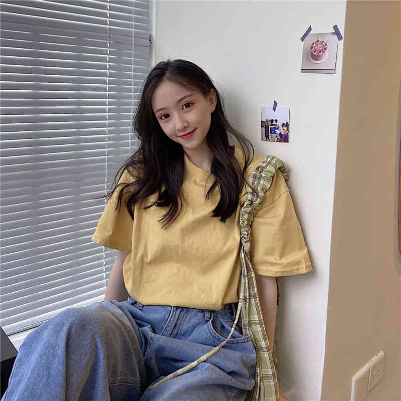 All Match Casual Minimalist Short Sleeves Female Basic Arrival Solid Loose Stylish Women Brief Tops T-shirt 210421