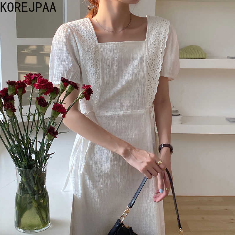 Korejpaa Women Dress Summer Korea Elegant Square Collar Hollow Lace Stitching Tie Waist Slim Short Sleeve Vestido Female 210526, Black
Korejpaa Women Dress Summer Korea Elegant Square Collar Hollow Lace Stitching Tie Waist Slim Short Sleeve Vestido Female 210526, Black