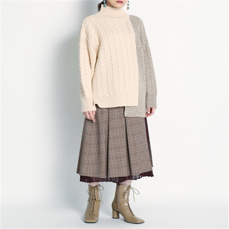 Women Knit Half High Collar Sweater Personality Minima List Hem Asymmetric Hit Color Ladies Pullover Loose Outer Wear Top 210515