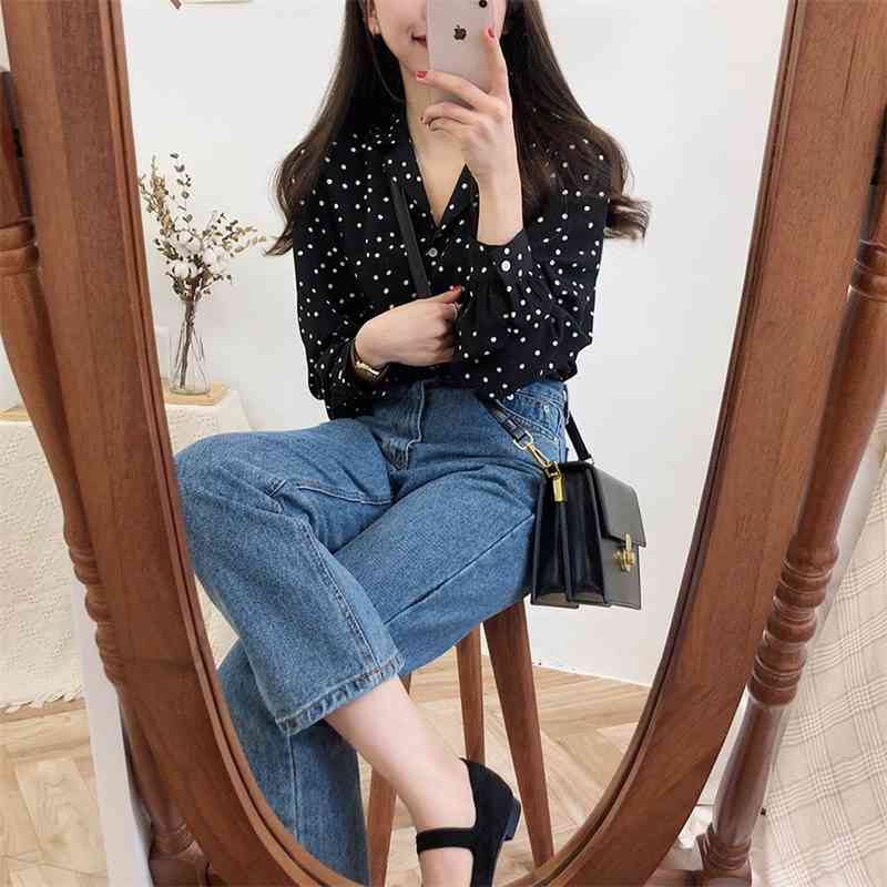 S-XL Spring femme Casual print Women Shirts Loose Long Sleeve Patchwork dot Blouses Female Top vetement 210423