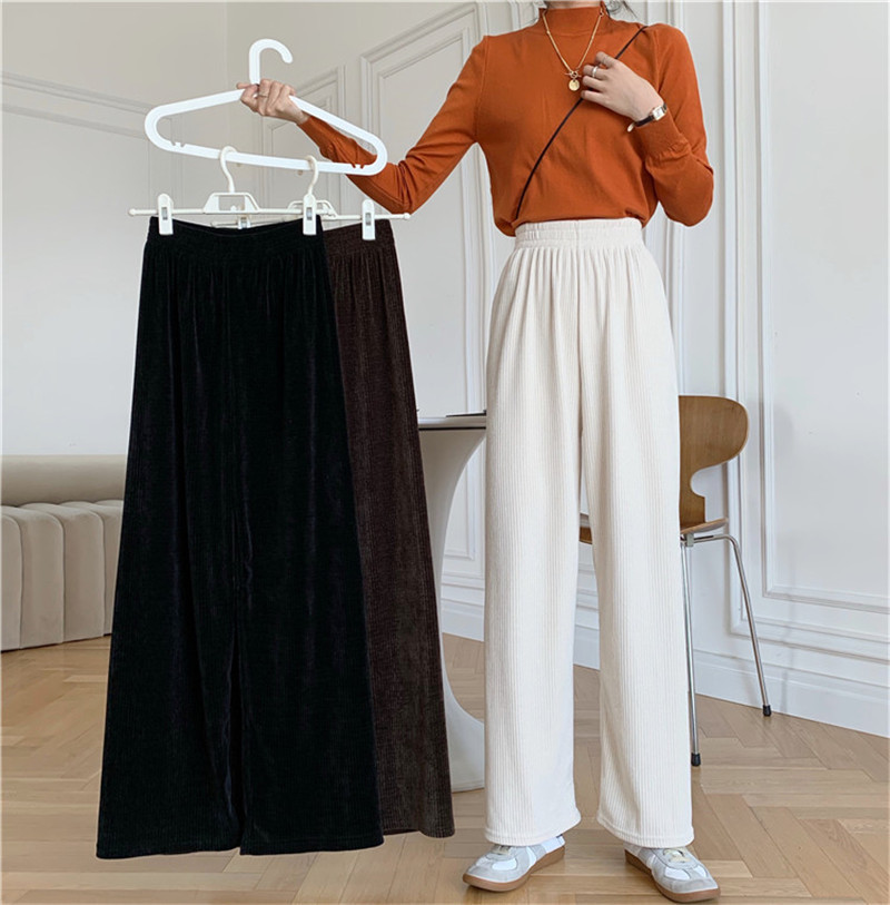 OL Elastic High Waist Wide Leg Corduroy Pants Women Fashion Autumn Winter Bottoms Thick Warm Casual Loose Trousers 210421