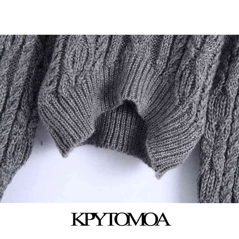 Women Fashion Asymmetric Cropped Cable-knit Sweater High Neck Lantern Sleeve Female Pullovers Chic Tops 210420