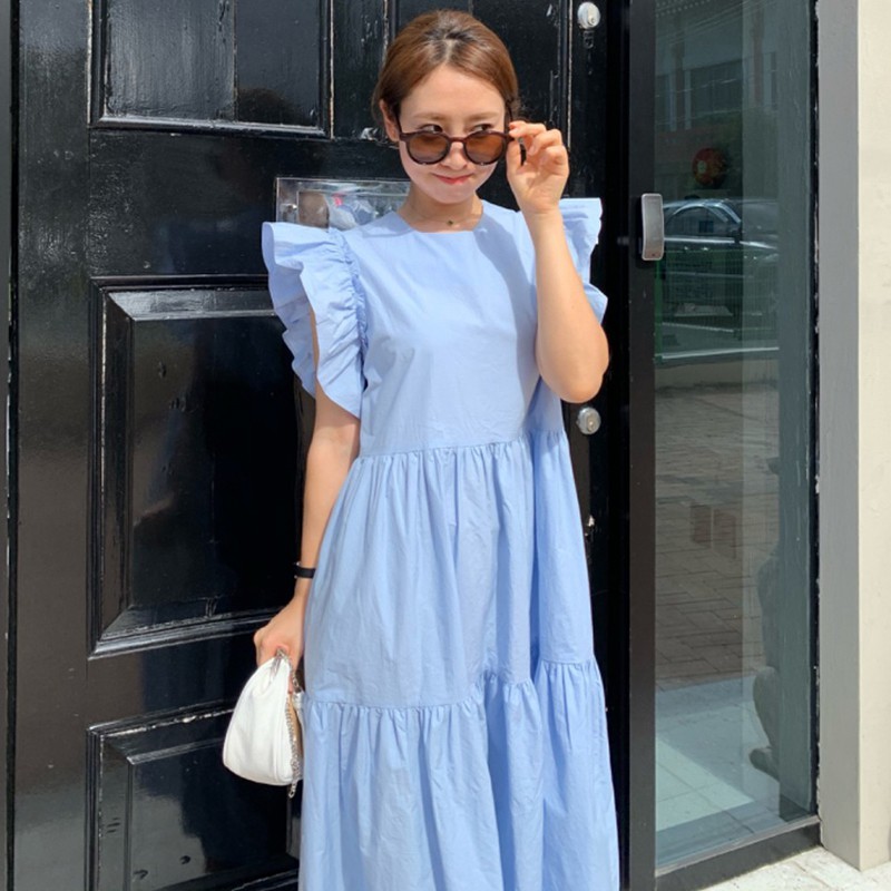 Chic Korean Summer Casual Gentle O Neck Ruffles Pleated Patchwork Loose White Big Swing Flying Sleeve Dress Women Vestido 210429