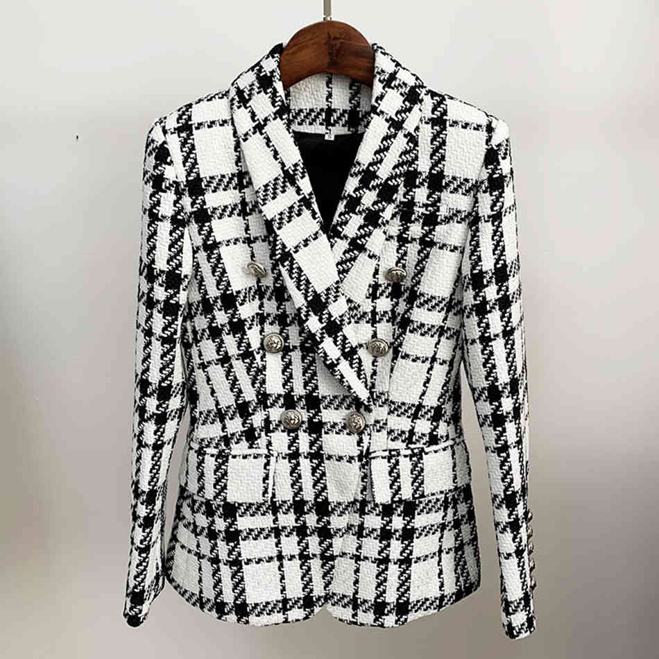Free Ladies Tweed Jacket Fashion Office Black and White Houndstooth Women Autumn Retro Plaid 210524