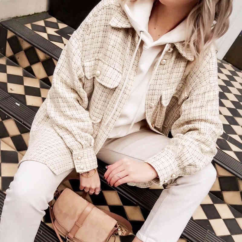 Streetwear long sleeve loose ladies jackets Casual plaid women blouse coat Buttons pockets female blend coats jakets 210508