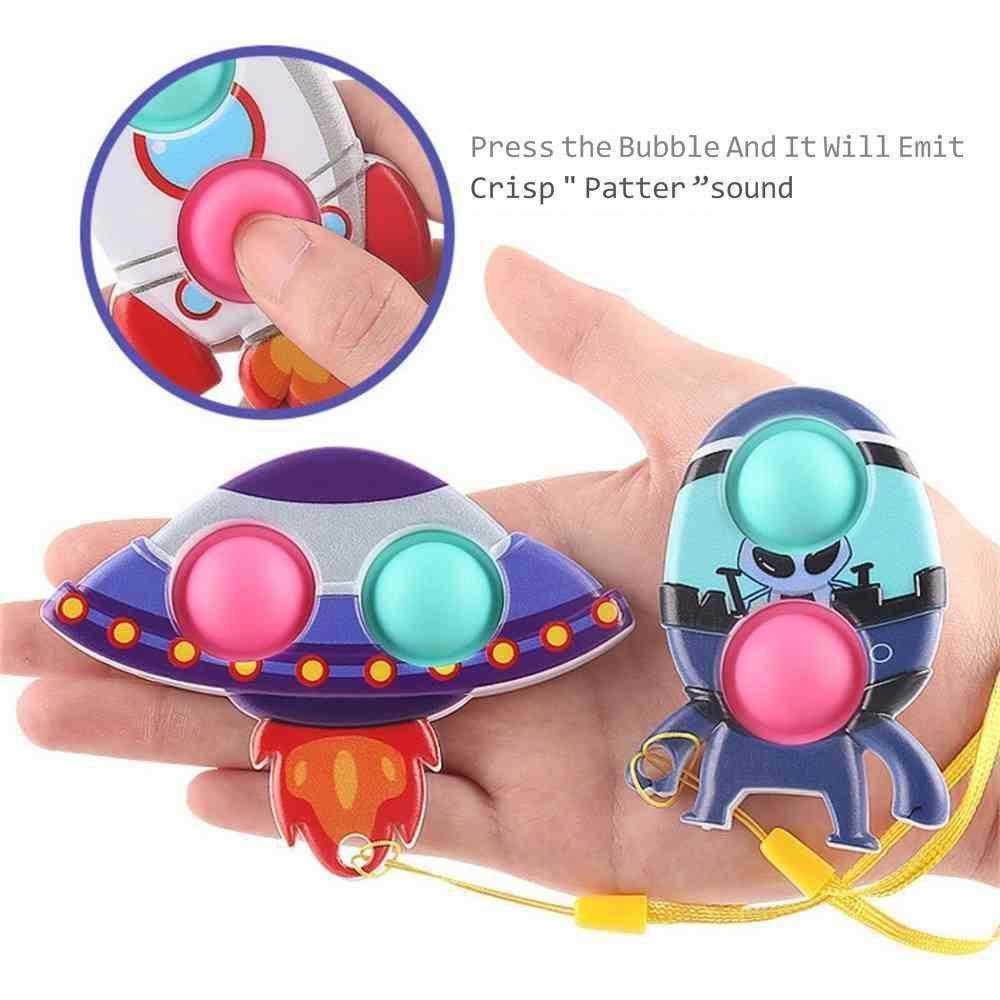 Spacecraft Spaceship Rocket Spaceman Shape Poo-its Fidget Popping Play Toys Kids Space Theme Push Pops UFO Bubbles Popper Key Ring Keychain Party Gift