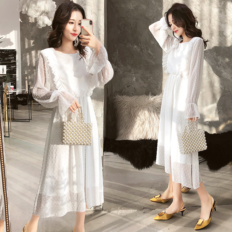 Ruffles Polka Dot Women Chiffon Dress Elastic Waist Flare Sleeve Female Long Vestidos A-line White Dress 210419