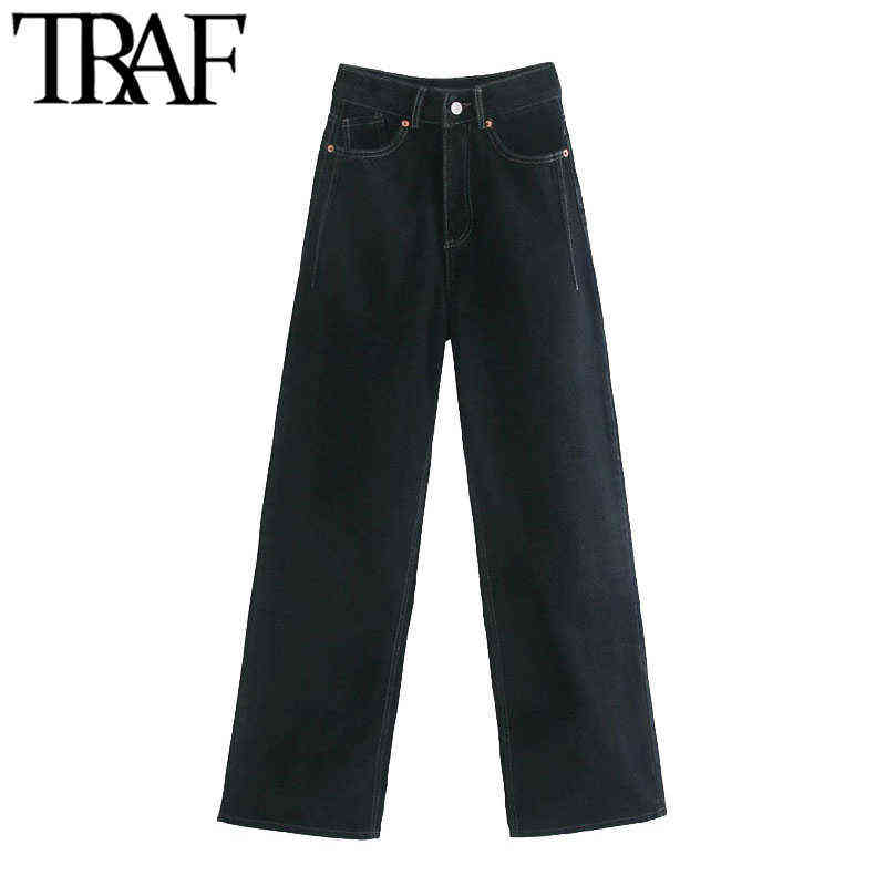 TRAF Women Fashion Side Pockets Faded Wide Leg Jeans Vintage High Waist Zipper Fly Denim Female Trousers Mujer 211129
