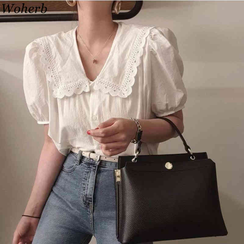 Summer Korean Chic Sweet Women Shirt White Fashion Casual Blouses Tops Female Puff Sleeve Ruffle Blusas 210519