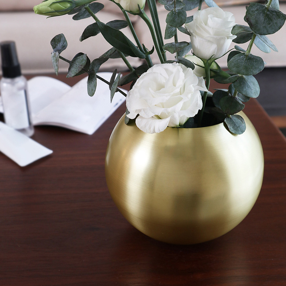 Stainless Steel Vase Unbreakable Metal Flower Vase Home Decor Living Room Decoration Round Polished Flowerpot Minimalist Crafts