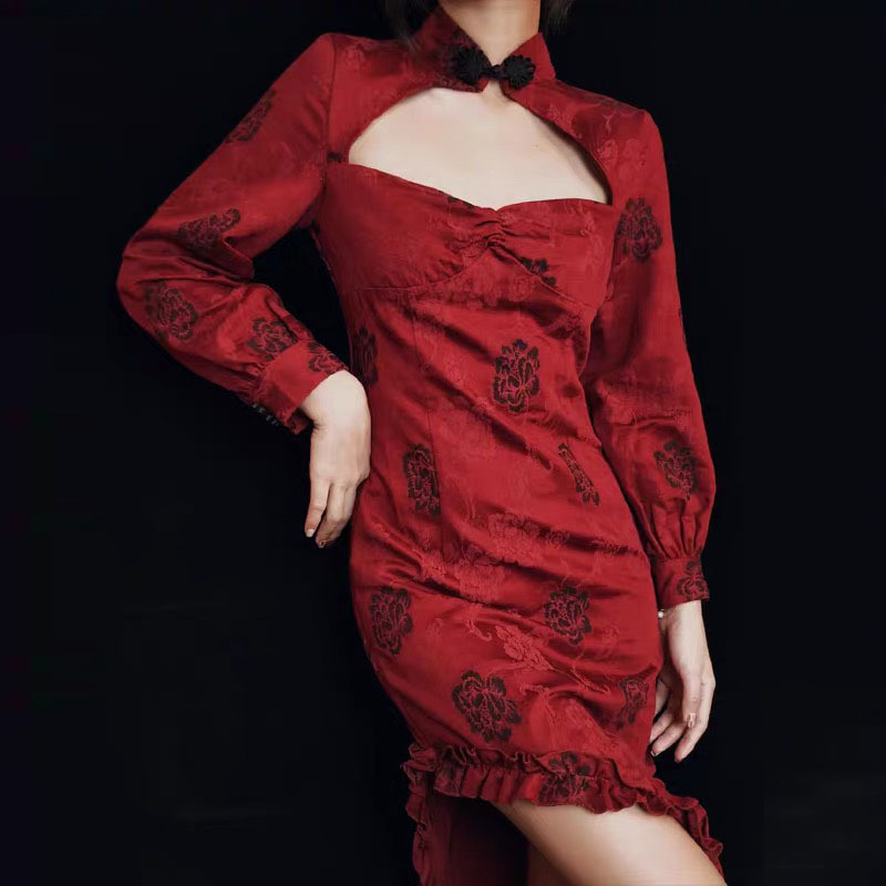 arrival Qipao Dress Women's Flower Embroidery slim hollow out sexy Asymmetric Tunic Party Prom midi Red 210421