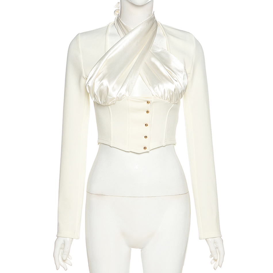 Free Elegant Women Tops Fashion Party Long Sleeve Single Breasted Slim Cropped Hollow Backless 210524
