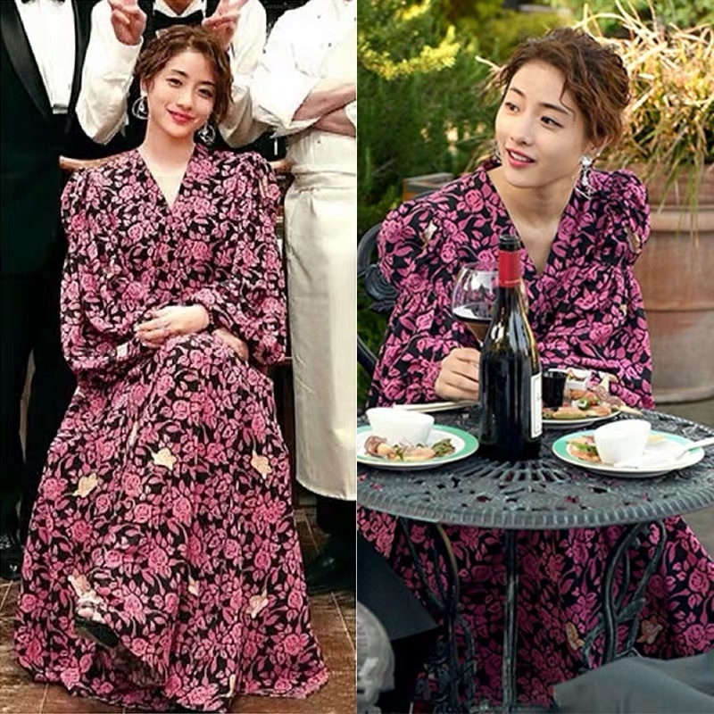 Vintage Print Dress Celebrity V-Neck Lantern Sleeve Bowknot Lace Up High Waist es Female Fashion Spring Autunm 210421