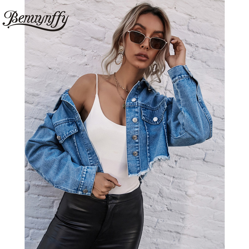 Turndown Collar Long Sleeve Crop Jeans Jacket Women Spring Autumn Fashion Streetwear Denim Outwear Female 210510