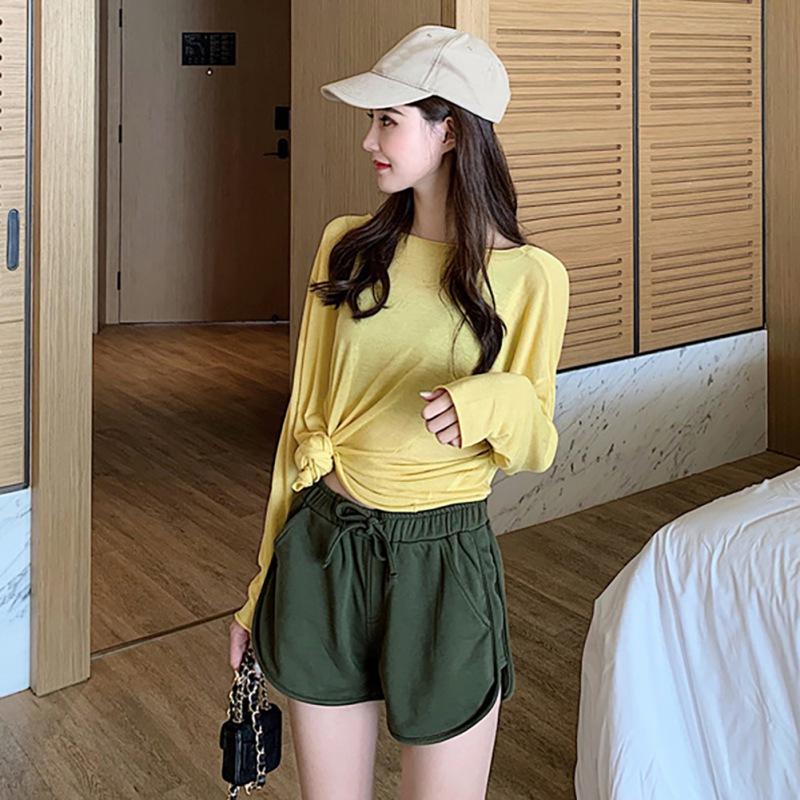 Summer Women Elastic Waist Shorts Solid Color Wide Leg Loose Casual High With Pockets Women's