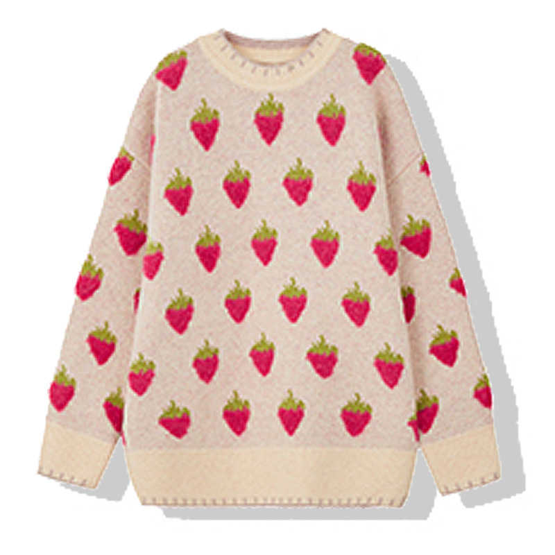 Winter Knitted Sweater Women Strawberry Embroidery Oversized Pullovers Harajuku Casual O-Neck Loose Knitwear Jumper Sueter Mujer 210914