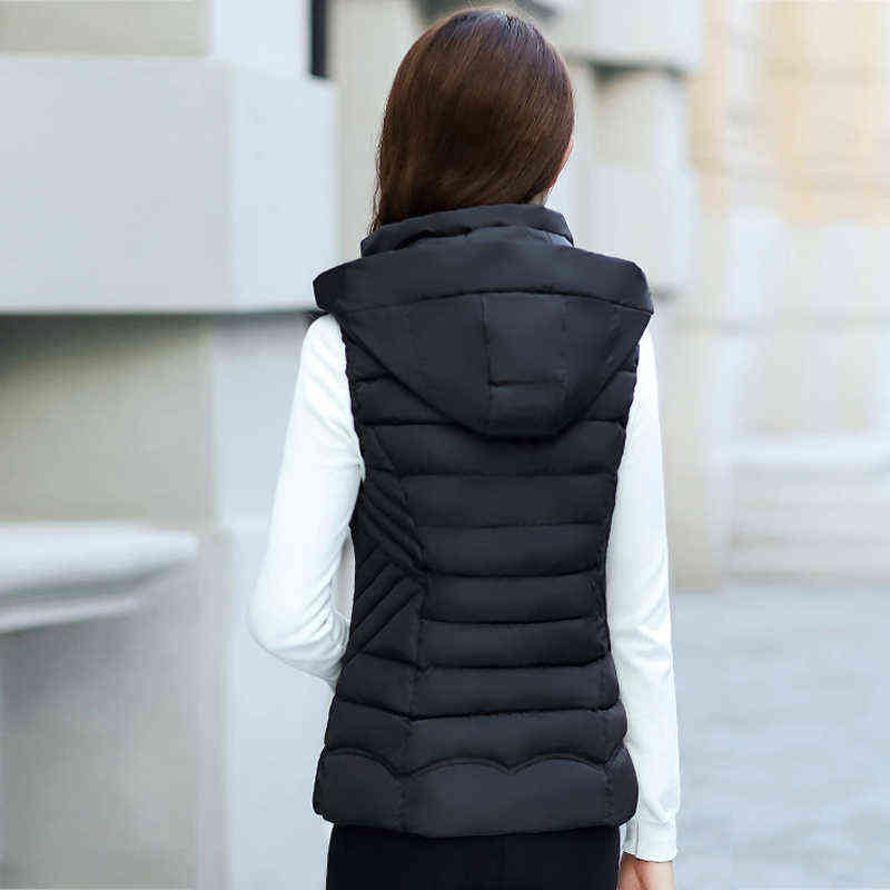Slim Autumn Winter Vests Women Hooded Waistcoat Short Casual Cotton Padded Sleeveless Vest Jacket Solid Female Zipper 211120