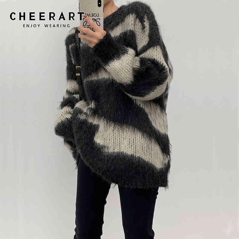 Mohair Striped Oversized Sweater Pullover Women Winter Long Loose Knitted Korean Fashion Clothing 210427