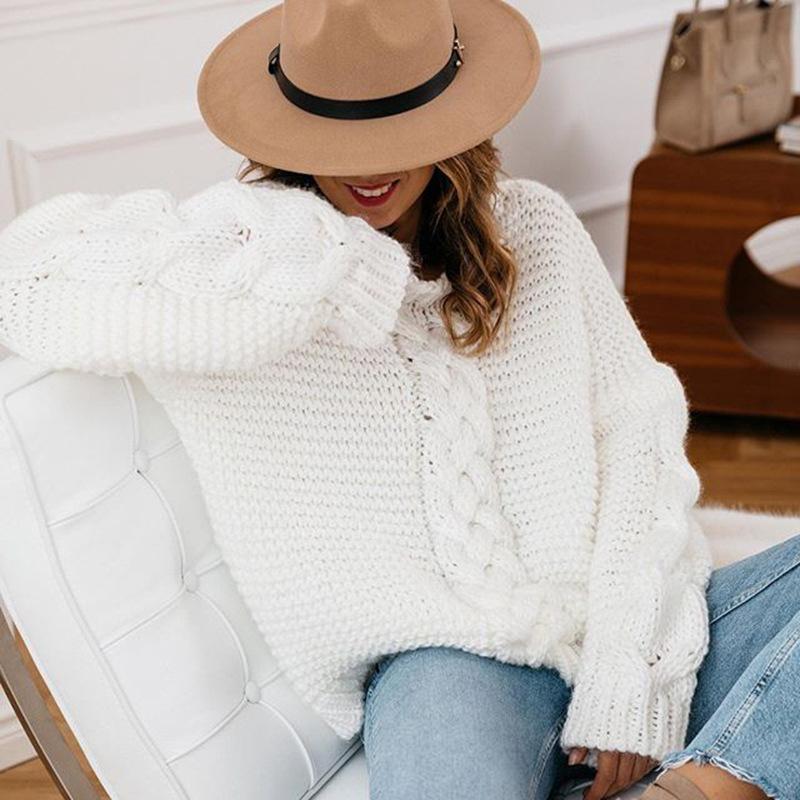 Women's Warm Cable Knit V-Neck Long Sleeve Oversized Sweater Casual Loose Pullover - Beige Acrylic 2024 Autumn Winter B2