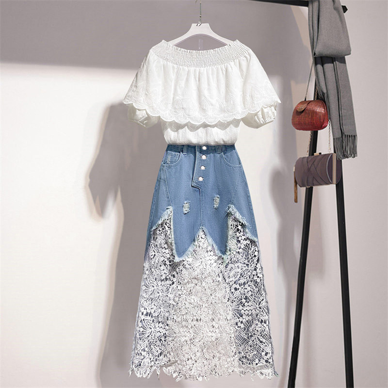 Women's suit summer style one-shoulder top lace stitching denim half-length skirt fashion two-piece 210525
Women's suit summer style one-shoulder top lace stitching denim half-length skirt fashion two-piece 210525