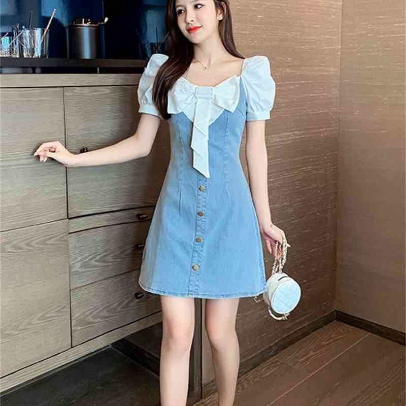 Vintage Sweet White Bowknot Patchwork Denim Dress Summer Women Elegant Square Collar Puff Sleeve High Waist A Line 210519