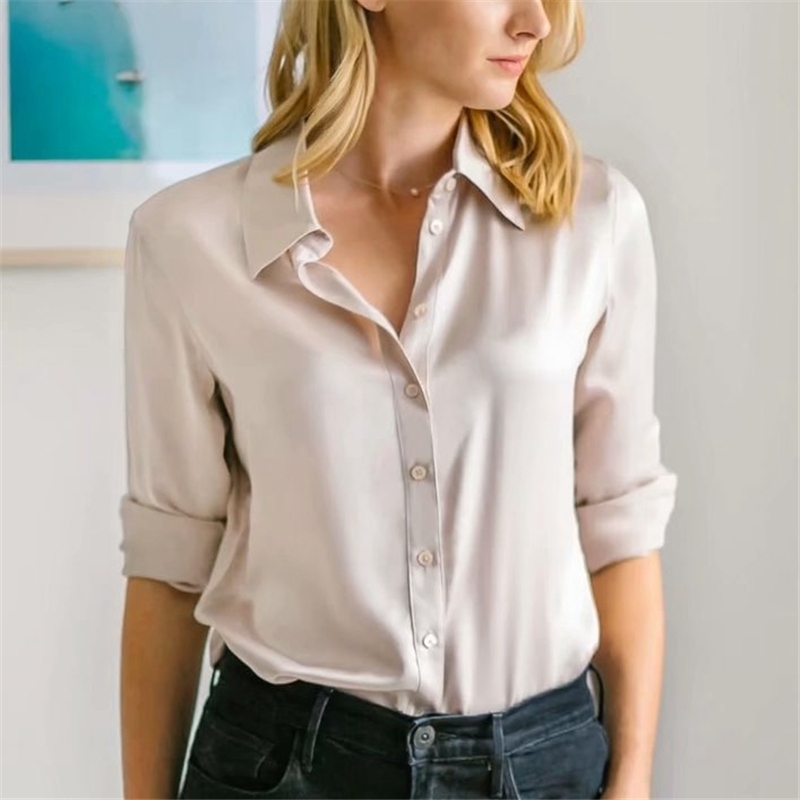 Elegant Women Turn Down Collar Shirts Fashion Ladies Satin Tops Streetwear Female Chic Solid Soft Blouses 210430
