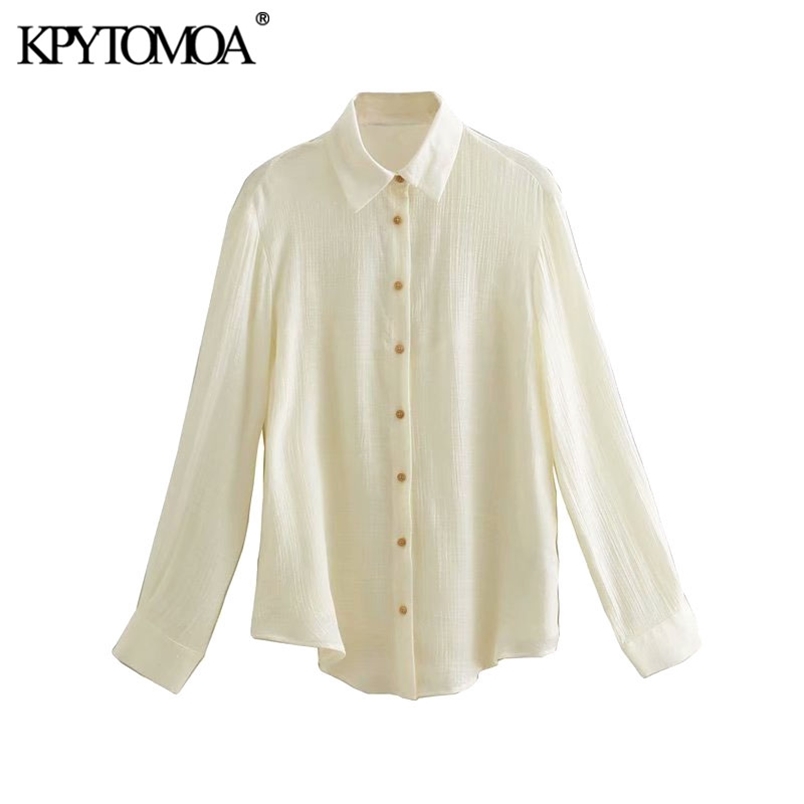 Women Fashion Office Wear Button-up Semi-sheer Blouses Lapel Collar Long Sleeve Female Shirts Chic Tops 210420