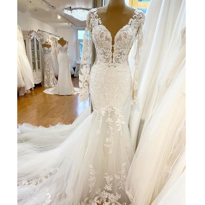 Wedding Gorgeous Mermaid Dresses Long Sleeves Bridal Gown Lace Applique Plunging V Neck Pleats Ruched Custom Made Plus Size Backless Vestido De Novia 