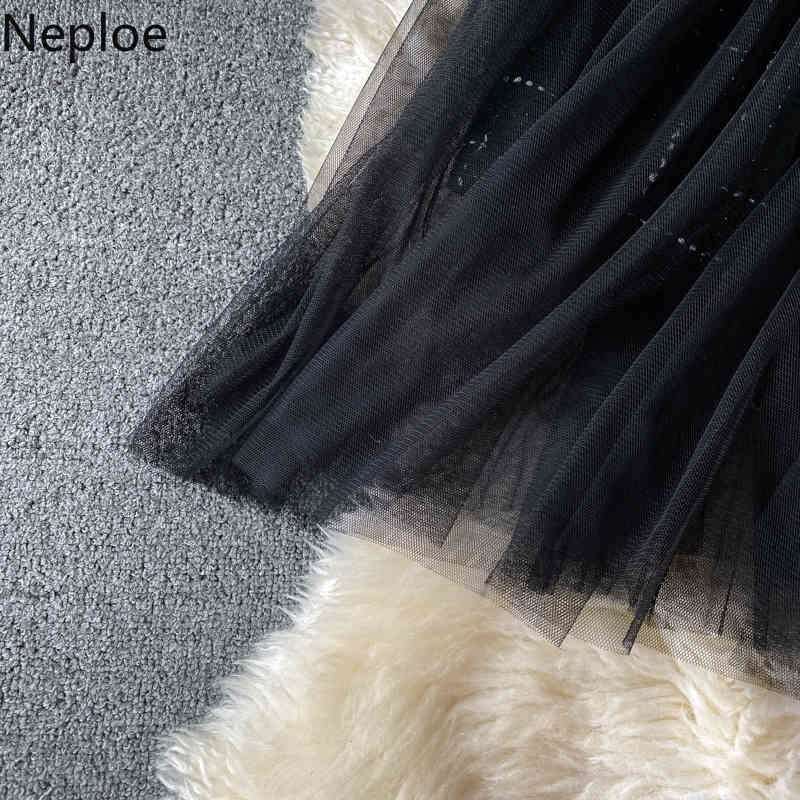 Neploe Two Piece Set Women Knitted Sweater Sling Patchwork Gauze Dresses Korean Chic Suit Femme Roupas 2 Piece Set Female 4G300 210422