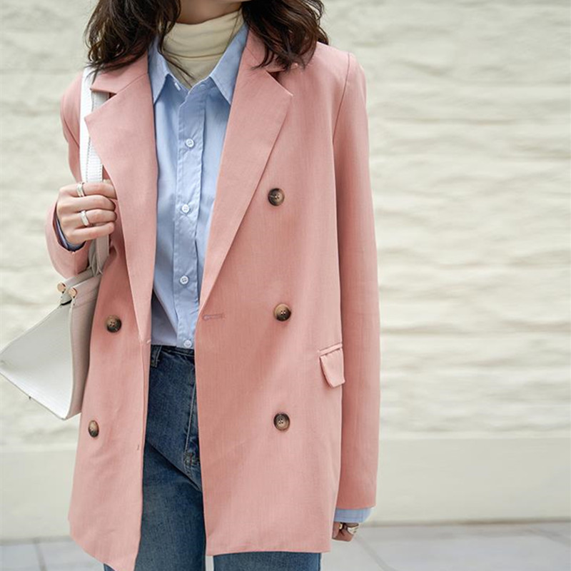 OL Elegant Vintage Casual Blazer Jacket Spring Fall Minimalist Work Wear Notched Women Blazers Loose Suit Coat 210421