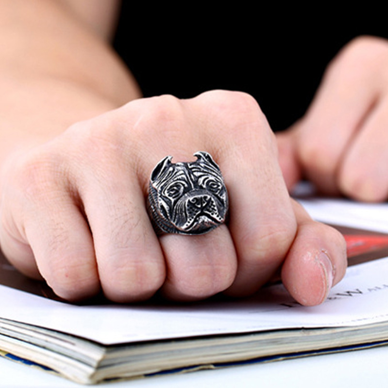 Men's Vintage Stainless Steel Ring Viking Pitbull Bulldog Gothic Pug Dog Head Totem Amulet Punk Animal Jewellery for Men Boys Gift