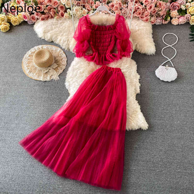Neploe 2 Piece Set Women Gauze Patchwork Pleated Crop Tops Slim Big Swing Skirt Korean Sweet Suit Summer Femme Roupas 4i392 210422