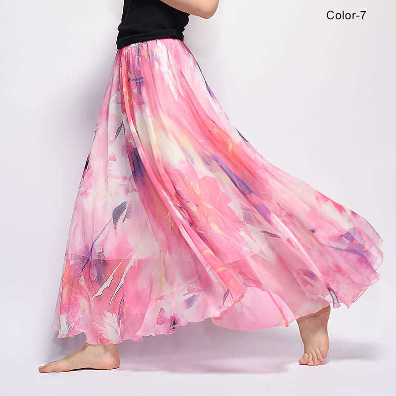 Women Fashion Florals Print Long Skirt Female Boho Style Elastic High Waist Chiffon Casual Beach Skirts Saias 19 Color Summer 210619