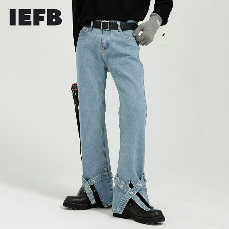 IEFB Strap Split Bottoms Loose Straight Blue Jeans For Men Vintage Streetwear Fashion Bandage Denim Trousers 9Y7113 210524