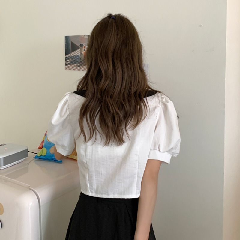 Neploe Women Blouses Peter Pan Collar Sweet Puff Sleeve Crop Tops Summer Blusas Mujer Korean Fashion Sexy Blouse Shirt 210422