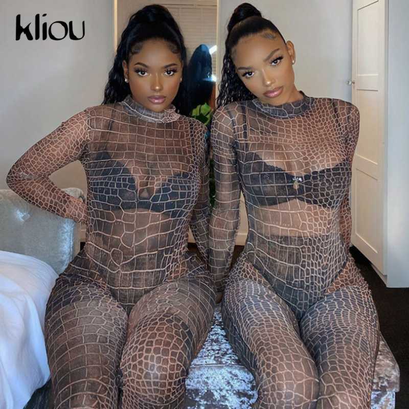 Kliou Plaid Mesh See Through Skinny Two Piece Outfits Women Sexy Hot Long Sleeve Bodysuit And Pants Party Clubwear Matching Sets Y0625
