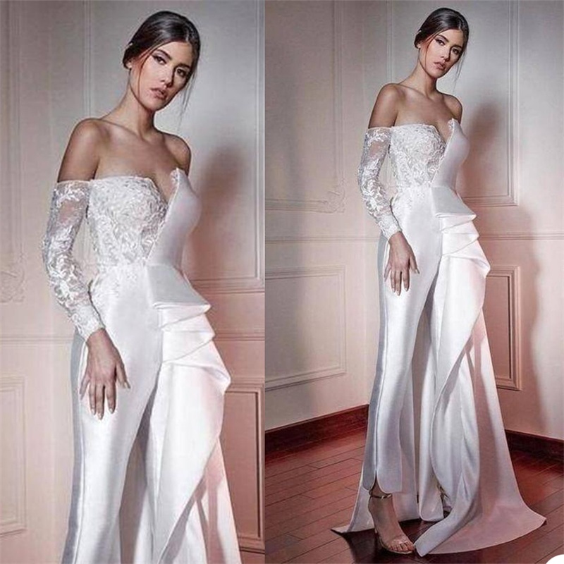 White Jumpsuits Wedding Dress Ruched Satin Apppliqued Lace Robe De Mariee Custom Made Long Sleeves Off Shoulder Beach Boho Bride Gown