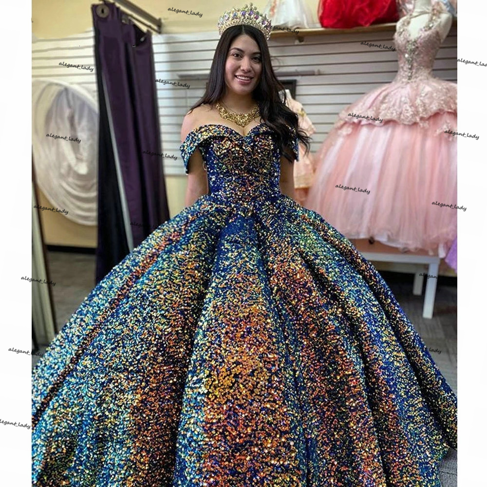 Puffy Skirt Princess Quinceanera Dresses Off Shoulder Beaded Sequins Lace-up Corser Vestidos formales Sweety 15 Prom Dress