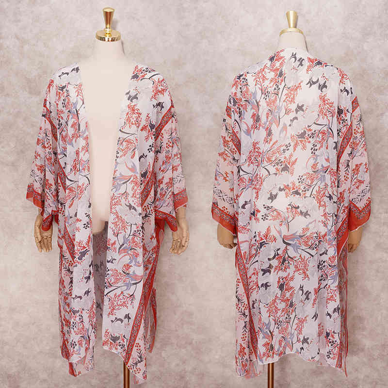 Boho Floral Print Robes Bathing Suit Cover-ups Plus Size Kimono Beach Wear Wrap Dress Women Summer Swimsuit Cover Up A829 210420