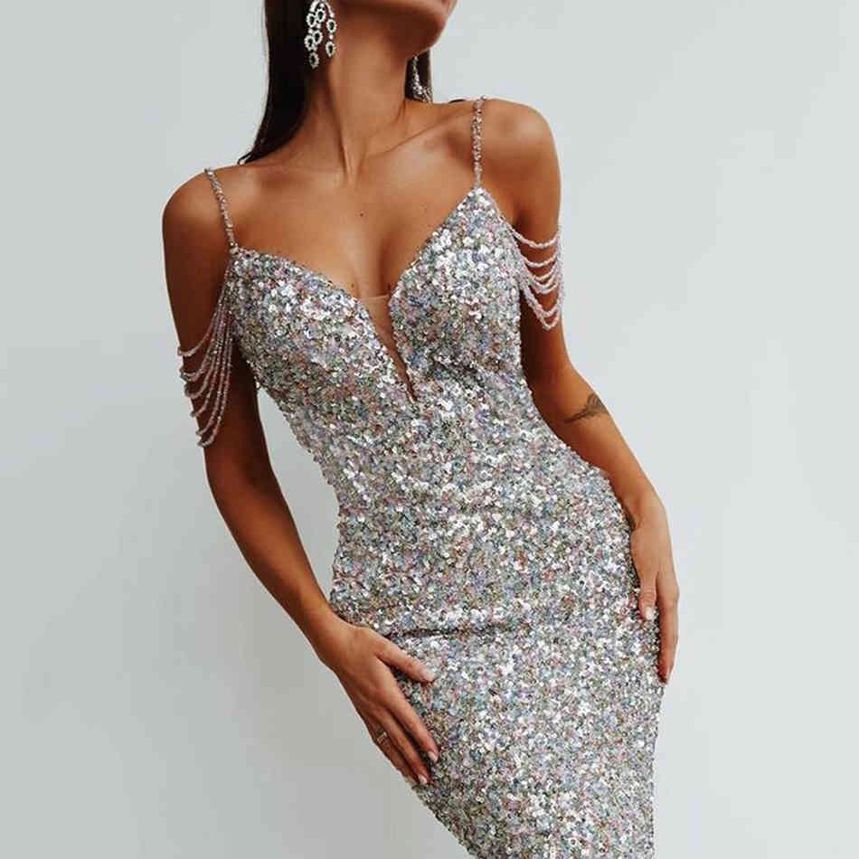 Free High Quality Sequin Dress Sexy Beaded Card Shoulder Strap Bodycon Club Celebrity Evening Party Vestidos 210524