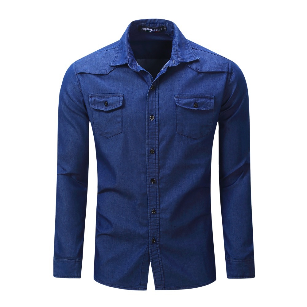 Men's Denim Shirt Dress Shirts Male Long Sleeve Jeans Striped and Chenked Shirt Classic Fashion Casual Polka Dot Tops 210518