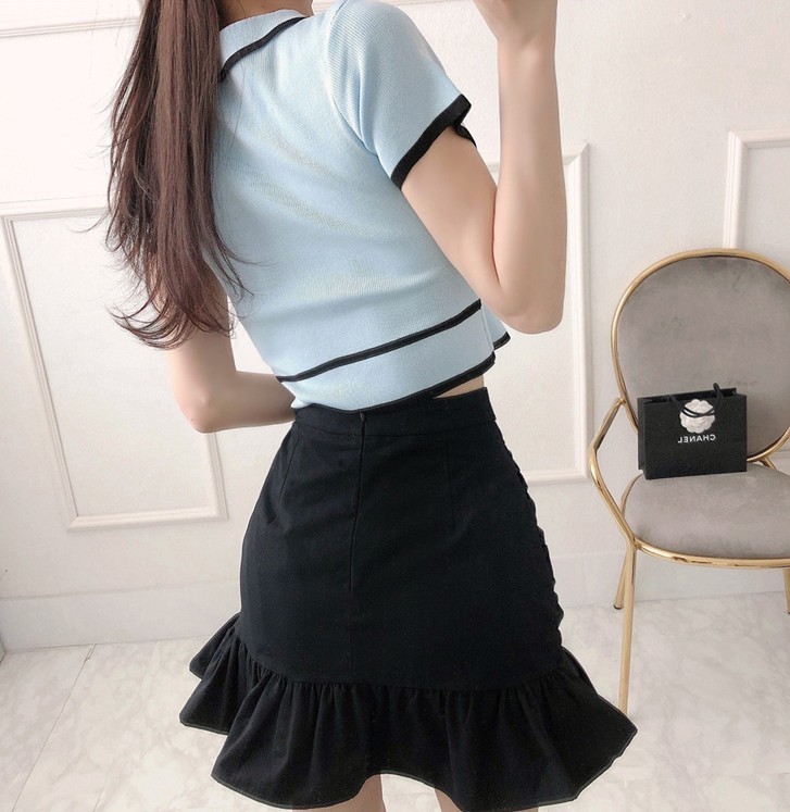 Summer Women 2pcs Set Sweet Knitted Lapel Short Sleeve T-Shirt Top + High Waist Bodycon Ruched Ruffles Mini Skirt 210519