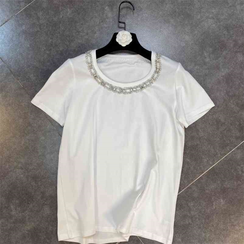 Women Versatile Straight T-shirt Solid Color Round Neck Short Sleeve Diamond Fashion Spring Summer 11B378 210525, White 
Women Versatile Straight T-shirt Solid Color Round Neck Short Sleeve Diamond Fashion Spring Summer 11B378 210525, White