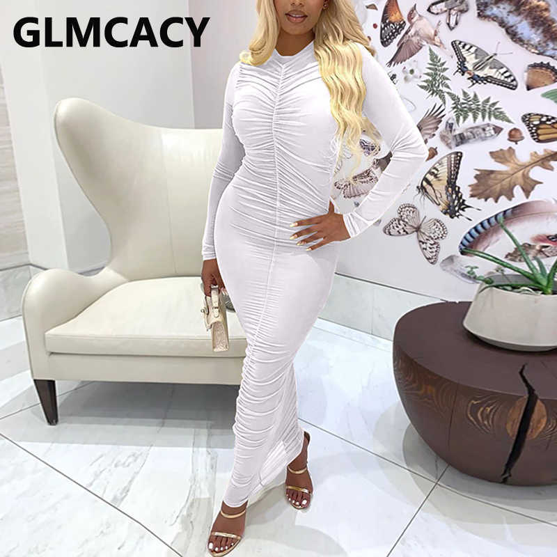 Women Long Sleeve Pleated Bodycon Maxi Dress Sexy Slim Fit Dresses 210702
