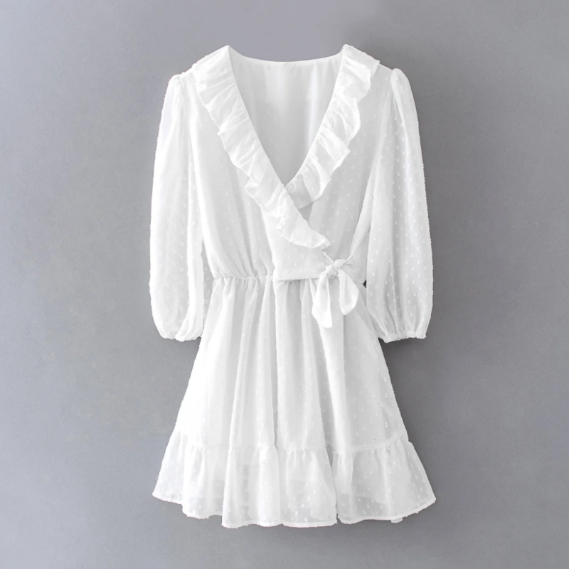 Women Cross V Neck Ruffle Lace Up Flocked Chiffon Mini Dress Female Lantern Sleeve Clothes Casual Lady Loose Vestido D7372 210430
