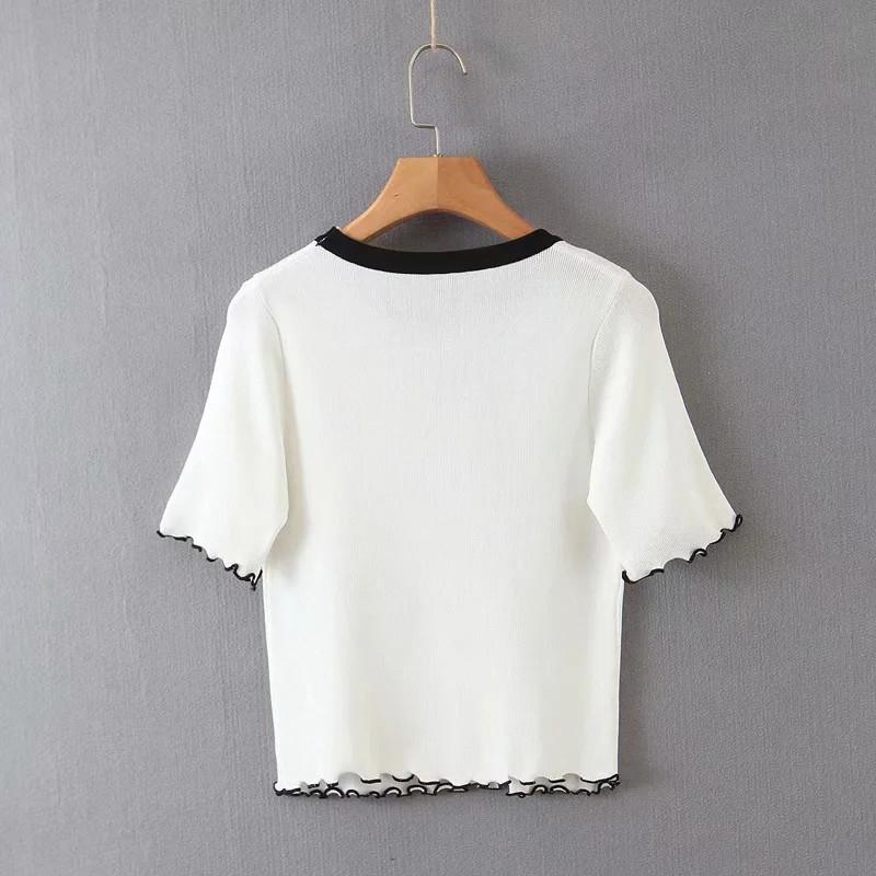 Spring-Summer Casual Knitted Four Color Short T-shirt Women Rabbit Embroidery Sleeve Knit Shirt Female Solid Tee 210421