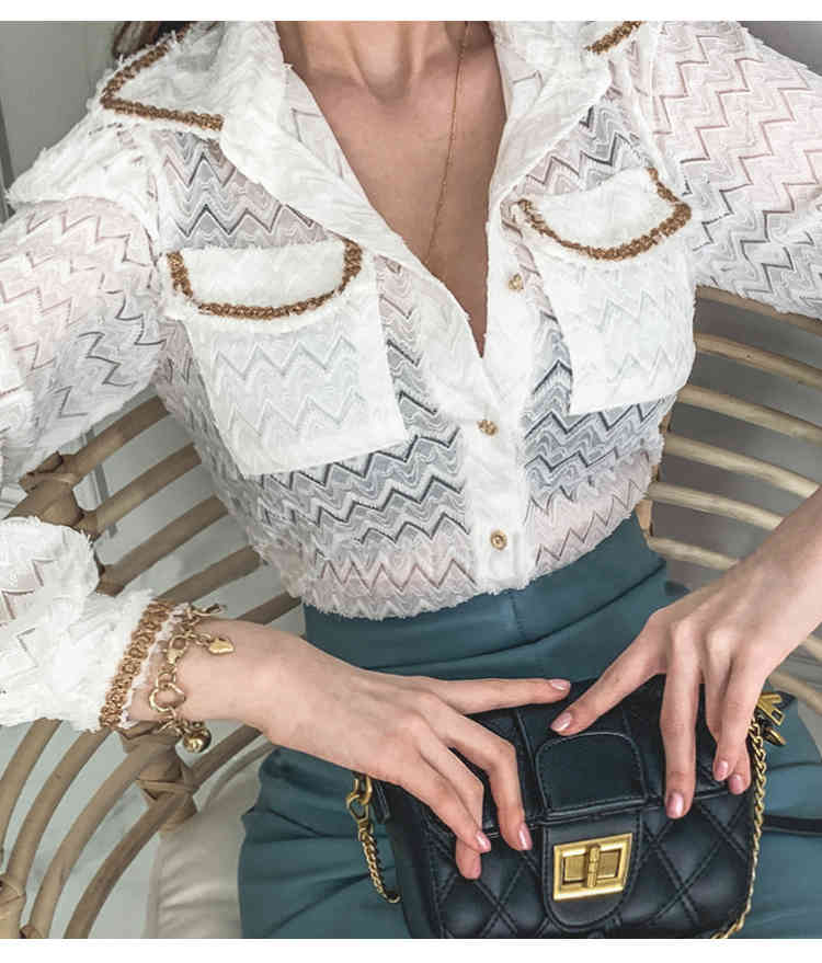 Fashion Vintage Elegant women Lace Perspective Turn-Down Shirt Tops and PU leather pencil skirt office simple Two piece Set 210519