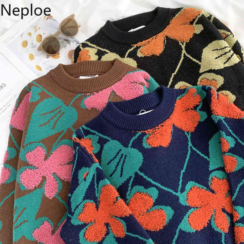 Neploe Fall Women Clothes Knit Pullovers Heavy Crochet Floral Sweaters Women O-neck Thicked Warm Jumper Coat Female 4G386 210422
