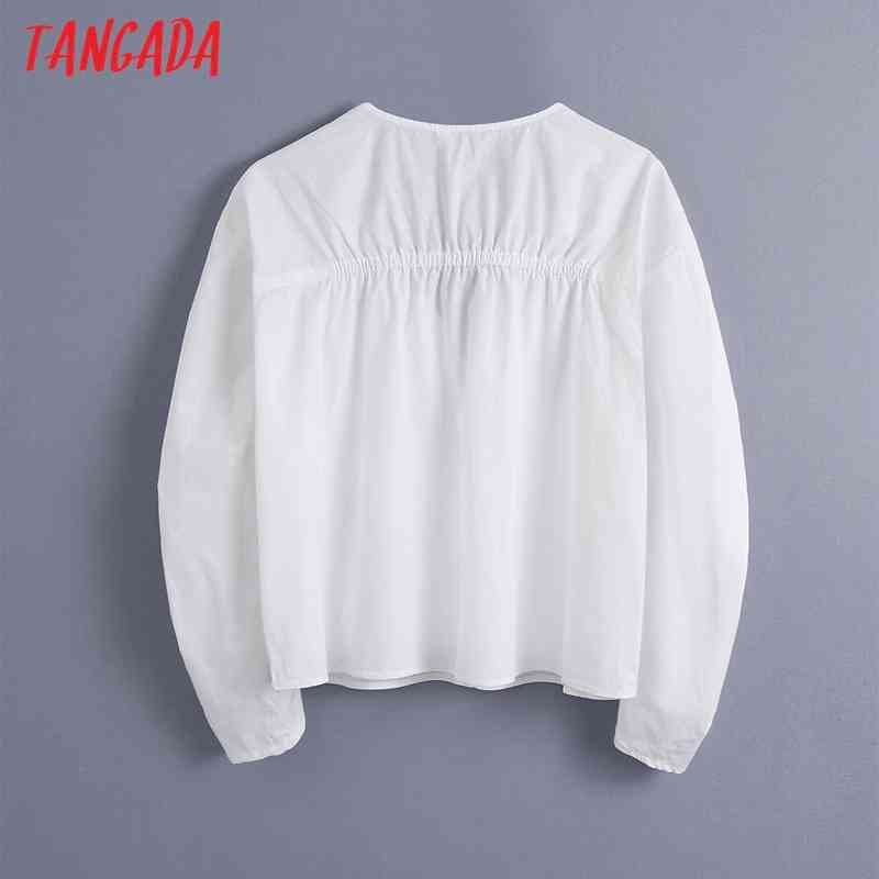 Women Fashion Pleated Crop White Blouses Vintage V Neck Three Quarter Sleeve Female Shirts Chic Tops BE518 210416