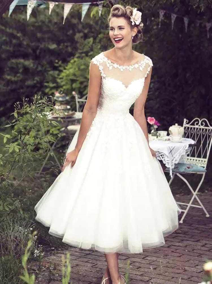 2022 Vintage Lace Short A E O Neck Sheer Tulle Applique Tea Length Wedding Dresses Bridal Gowns Robe De Mariee Bc2991 Lz0304